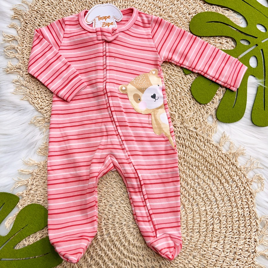  Macacão com Abertura em Zíper Listrado Ursa - Rosa